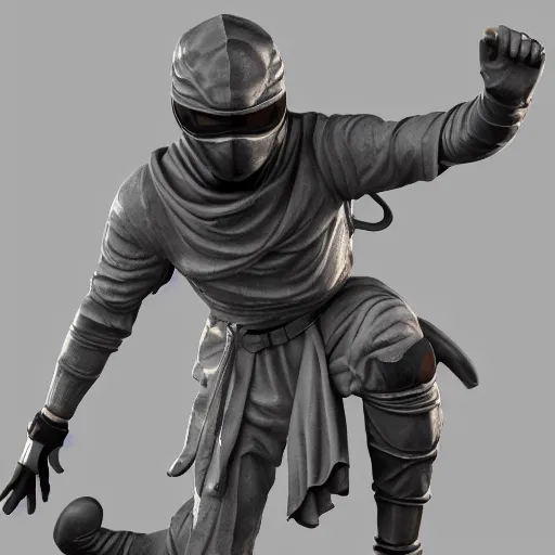 Image similar to 3 d rendering of marble and chrome statue of ninja wearing full face mask and hunter hat, dramatic pose, combat suit, technological, octane render