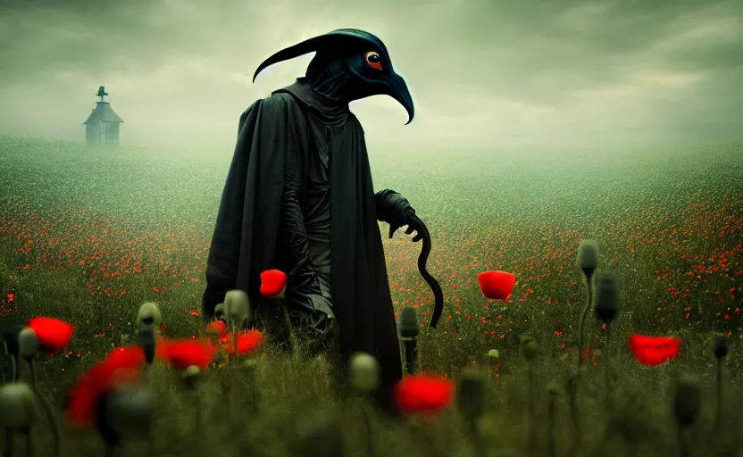 Image similar to an extremely disturbing horror photograph of a plague doctor in a field of opium poppies, hyperrealism, sharp focus, highly detailed, horror cgi 4 k, matte, octane render, cinematography, photo by professional photographer