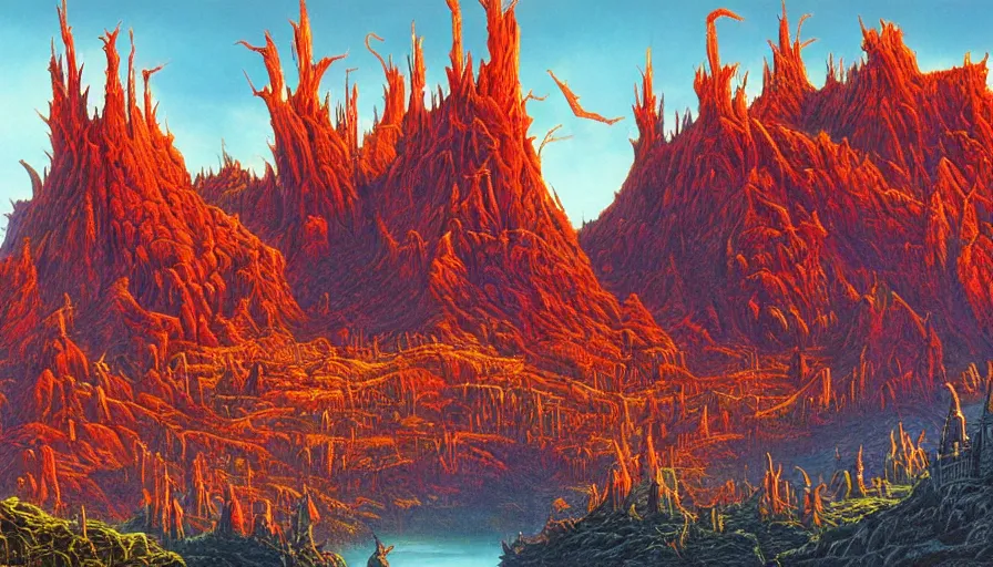 Prompt: evil red fortress covered in spikes standing within a fantasy alien landscape, artwork by greg hildebrandt, vibrant colors