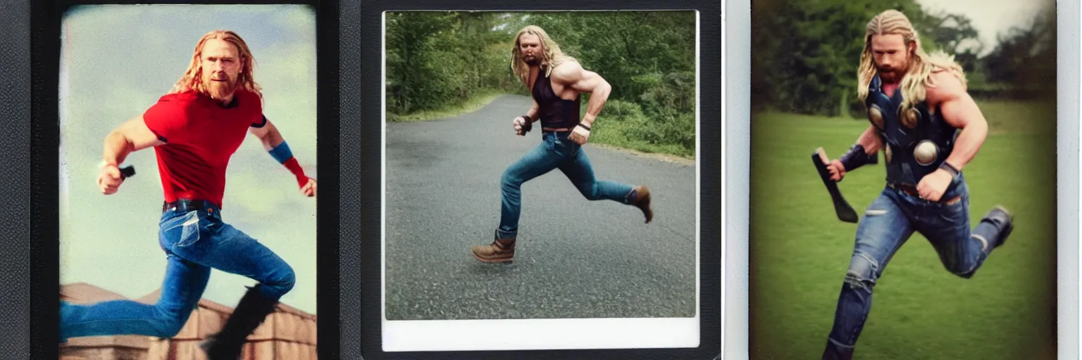 Prompt: a polaroid photograph of Thor running after his hammer, dressed in jeans