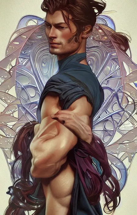 Prompt: pretty muscular sam and dean winchester as a character in romance book art design, character concept, sharp focus!, ultra detailed, art by artgerm alphonse mucha, wlop