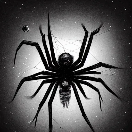 Image similar to a large evil spider spins a web between 2 planets dark fantasy, horror, concept art, smooth, sharp focus, illustration
