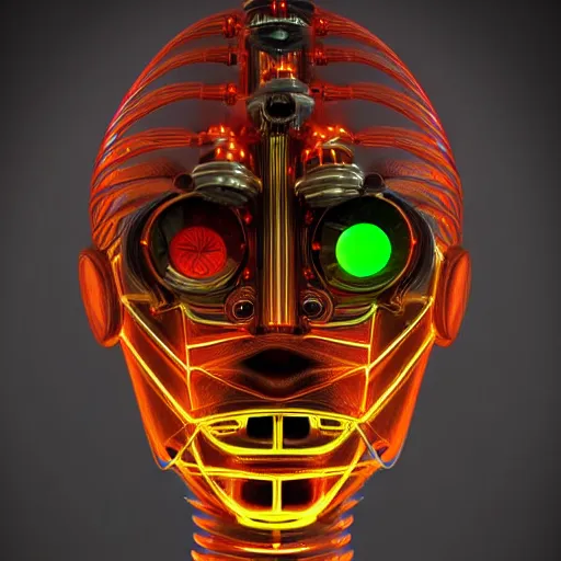 Image similar to portrait of a glossy claymodel of a steampunk aztec futuristic robot head, top of the head is covered with wires and multicolored glowing tubes, 8 k, front shot, symetrical, flourescent colors, halluzinogenic, multicolored, insanely detailed, 3 d render, octane