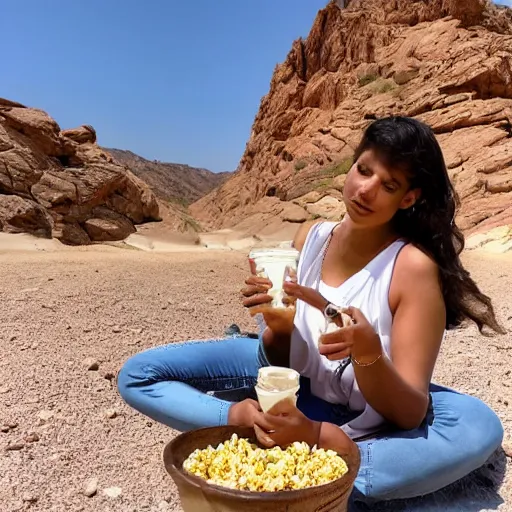 Prompt: isha with friends at a desert with popcorn tumbler