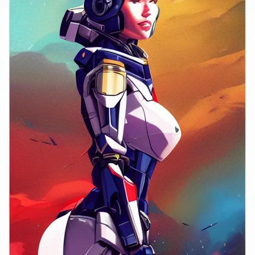 Image similar to portrait of beautiful megan fox gundam pilot, with an intricate, detailed, urban inspired hiphop afro futuristic helmet, vector behance hd jesper ejsing, rhads, makoto shinkai, lois van baarle, ilya kuvshinov, rossdraws, hd, 3 2 k, ilya kuvshinov, gustav klimt