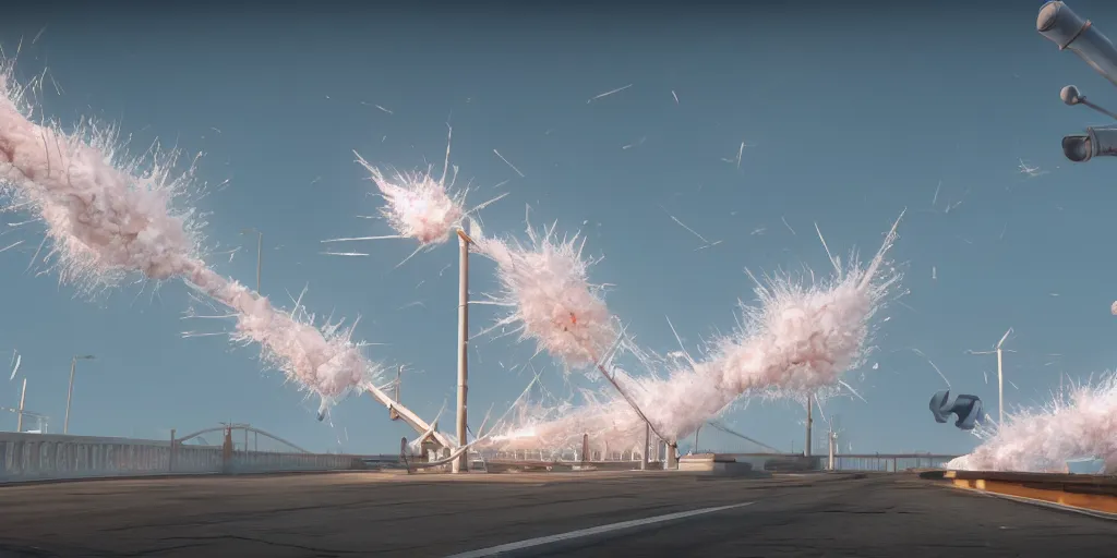 Prompt: explosion in the form of cotton plant on the huge long crimean bridge, team fortress style, 3 d octane remder, epic lighting, 8 k, by goro fujita