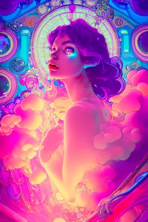 Image similar to a gorgeous woman surrounded by colorful liquid clouds and neon smoke, extremely detailed, psychedelic experience, psilocybin, dmt, lsd, face, highly detailed, artstation, chromostereopsis, digital art by hana yata, and artem demura and beeple, alphonse mucha, octane render, unreal engine, 8 k