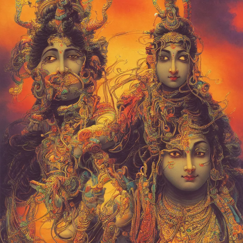 Prompt: One many-armed Shiva. Background in colorful patterns. High detail, hyperrealism, masterpiece, close-up, ceremonial portrait, solo, rich deep colors, realistic, art by Yoshitaka Amano, Ivan Aivazovsky