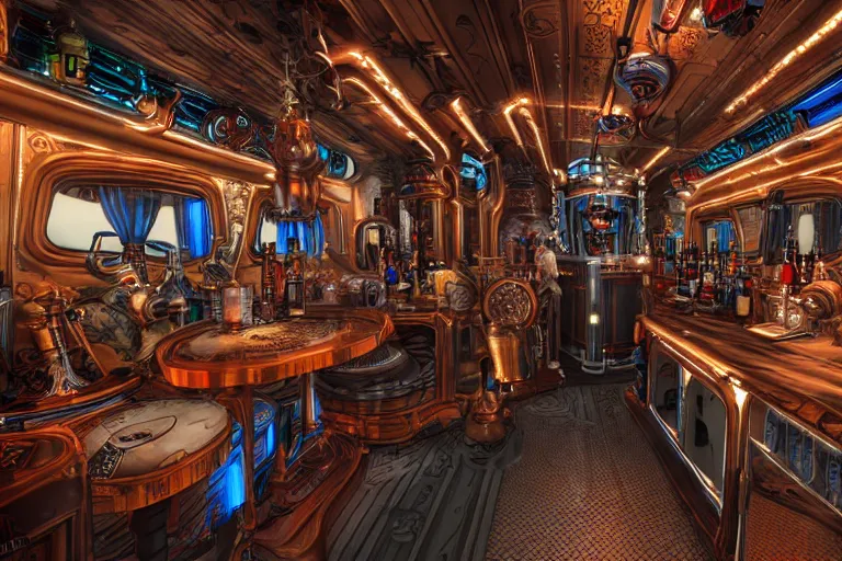 Prompt: 3 steampunk robot having a party inside a luxury nightliner tourbus, a table with many bottles of beer and wiskey, exaggerated detailed, unreal engine, subtle multicolored light, 3 5 mm lens