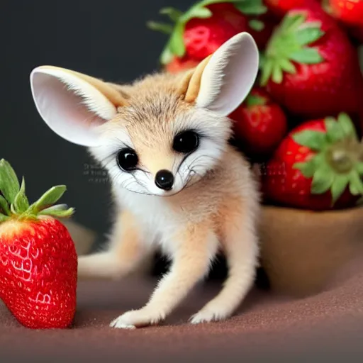 Image similar to baby fennec sneezing on a strawberry, studio photo, droplets, backlit ears