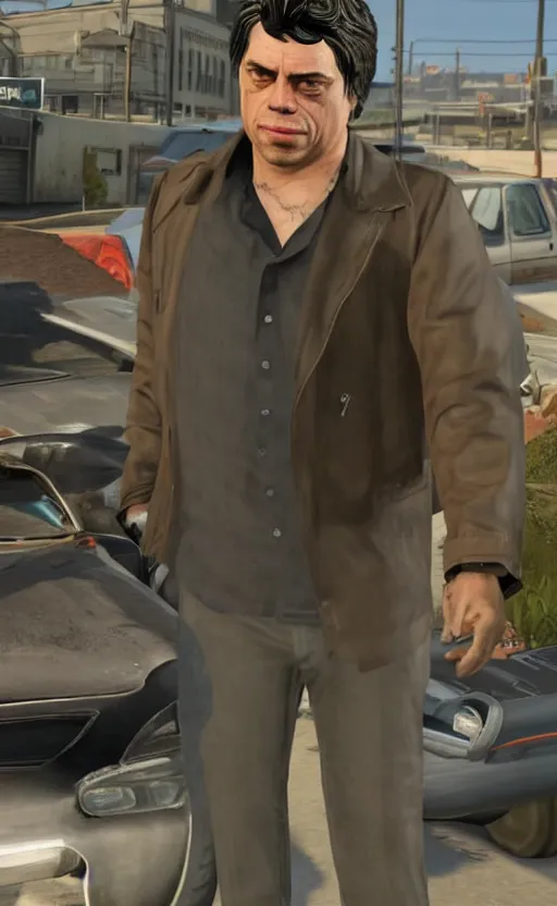 Prompt: benicio del toro as a loading screen character in gta v