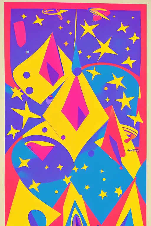 Image similar to original screen print, very detailed symmetric!! 6 0 s artwork by peter max of people flying admist huge crystal shards in space, hd, psychedelic