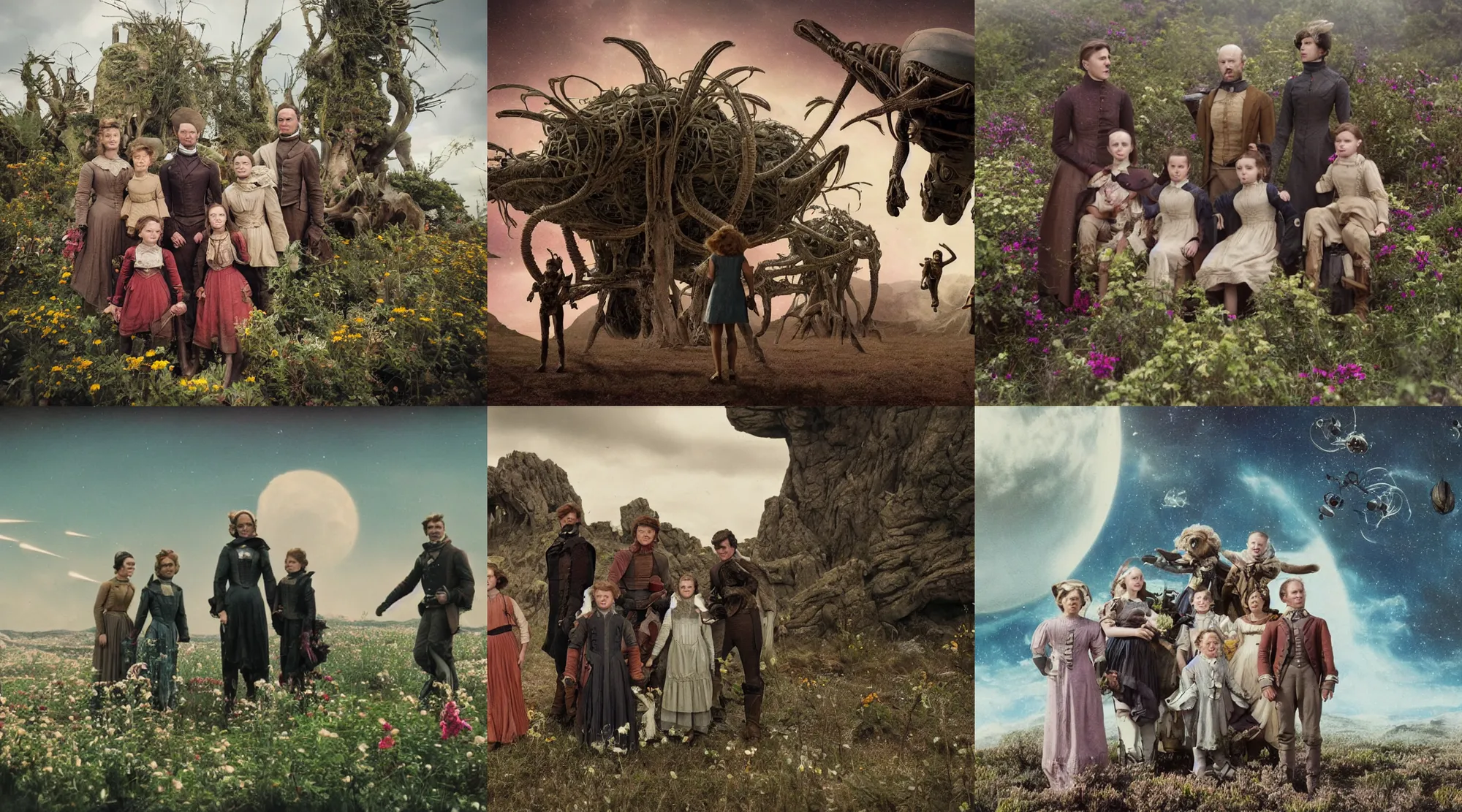 Prompt: 35mm still from a sci fi blockbuster movie made in 2022, set in 1860, of a family of four sitting on an flying platform, on an alien planet, flying over the alien landscape that is full of strange wild alien plants and flowers, family are wearing 1850s era clothes, good lighting, 8k, in focus faces, good quality photography, oscar winner