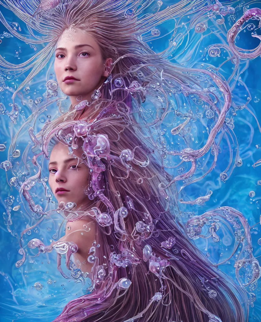 Image similar to close-up portrait of the face of a beautiful princess, surrounded by intricate twisted flowers orchid jellyfish and energy flow, water and plasma flow splashes, epic angle and pose, symmetrical artwork, 3d with depth of field, blurred background, floating jellyfish skull phoenix bird, translucent, nautilus, energy flows of water and fire. a highly detailed epic cinematic concept art CG render. made in Maya, Blender and Photoshop, octane render, excellent composition, cinematic dystopian brutalist atmosphere, dynamic dramatic cinematic lighting, aesthetic, very inspirational, arthouse. y Greg Rutkowski, Ilya Kuvshinov, WLOP, Stanley Artgerm Lau, Ruan Jia and Fenghua Zhong