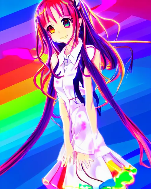 Image similar to anime style, vivid, expressive, full body, 4 k, painting, a cute magical girl idol with a long wavy colorful hair wearing a colorful dress, correct proportions, stunning, realistic light and shadow effects, neon lights, studio ghibly makoto shinkai yuji yamaguchi, wlop