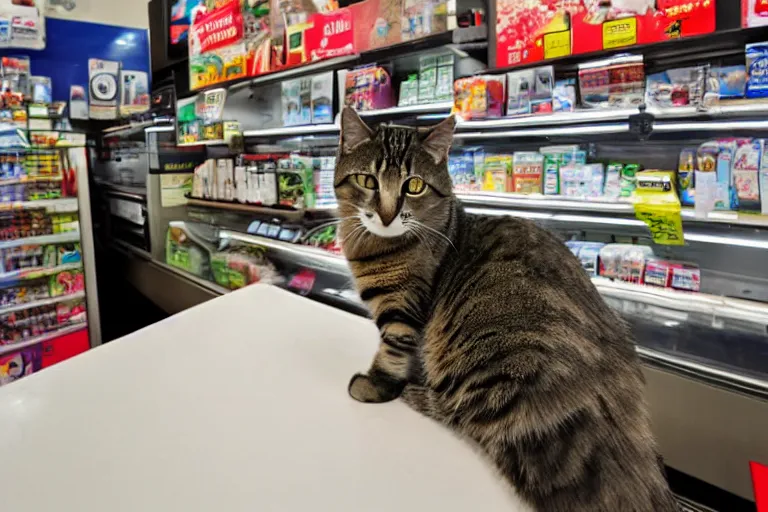 Image similar to cat on the counter in 7 - eleven next to a carton of cigarettes wide angle lens