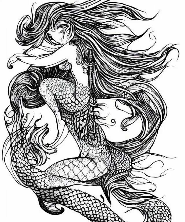 Prompt: tattoo design illustration, black ink on white paper, beautiful mermaid, full body