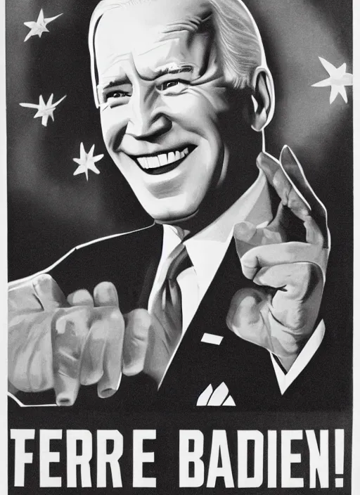 Image similar to first person perspective of joe biden staring directly at you ominously with a big scary smile, 1940s scare tactic propaganda art