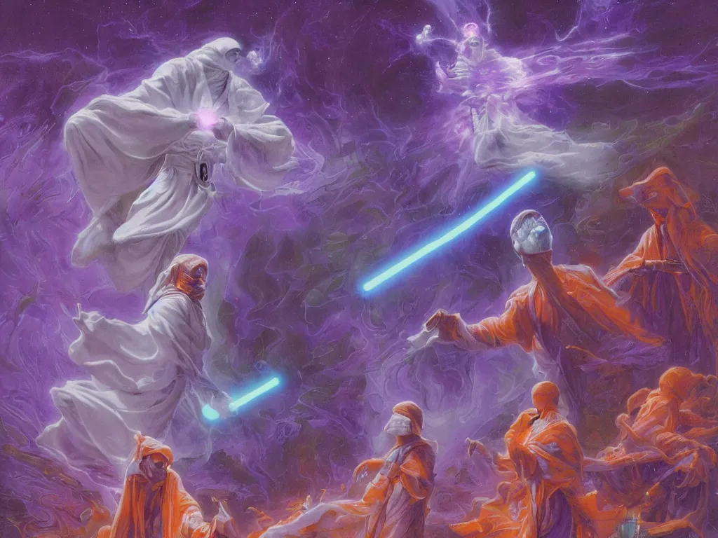 Prompt: one jedi master in white robes holding a purple lightsaber, spirit plane of nebula and fog mist, orange purple turquoise by wayne barlowe, by james jean, by paul lehr, by michael whelan