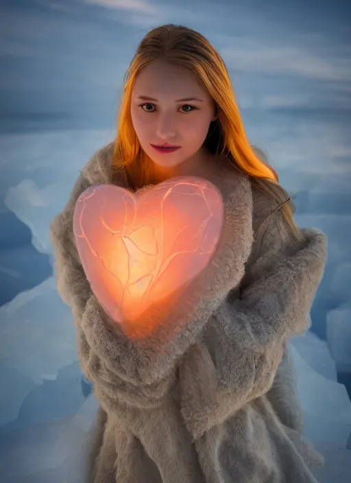 Image similar to beautiful girl with translucent skin heart made of ice glowing from beneath the skin, Oregon's glowing, professional photography, science fiction, biblical