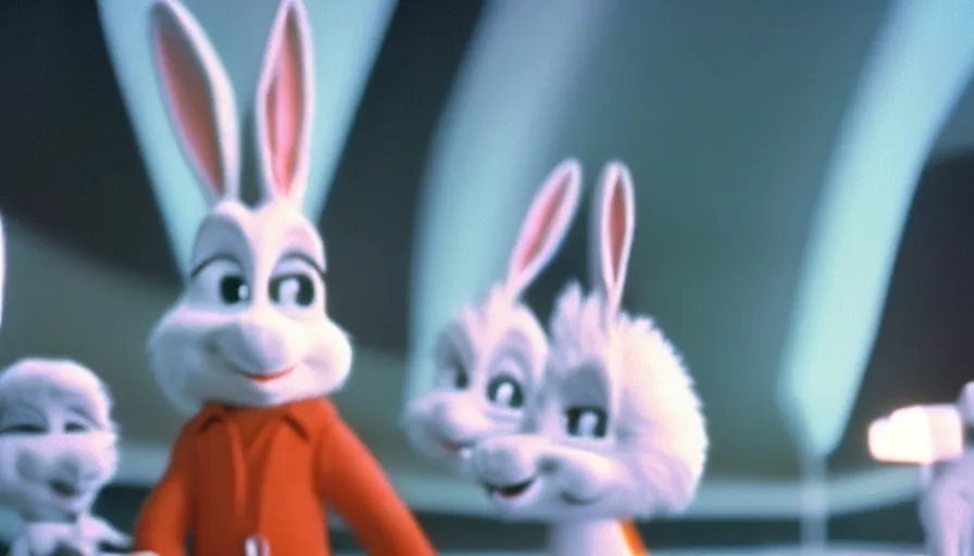 Prompt: 1 9 6 0 s movie still of bugs bunny, 2 0 0 1 a space odyssey, cinestill 8 0 0 t 3 5 mm, high quality, heavy grain, high detail, panoramic, cinematic composition, dramatic light, ultra wide lens, anamorphic, flares