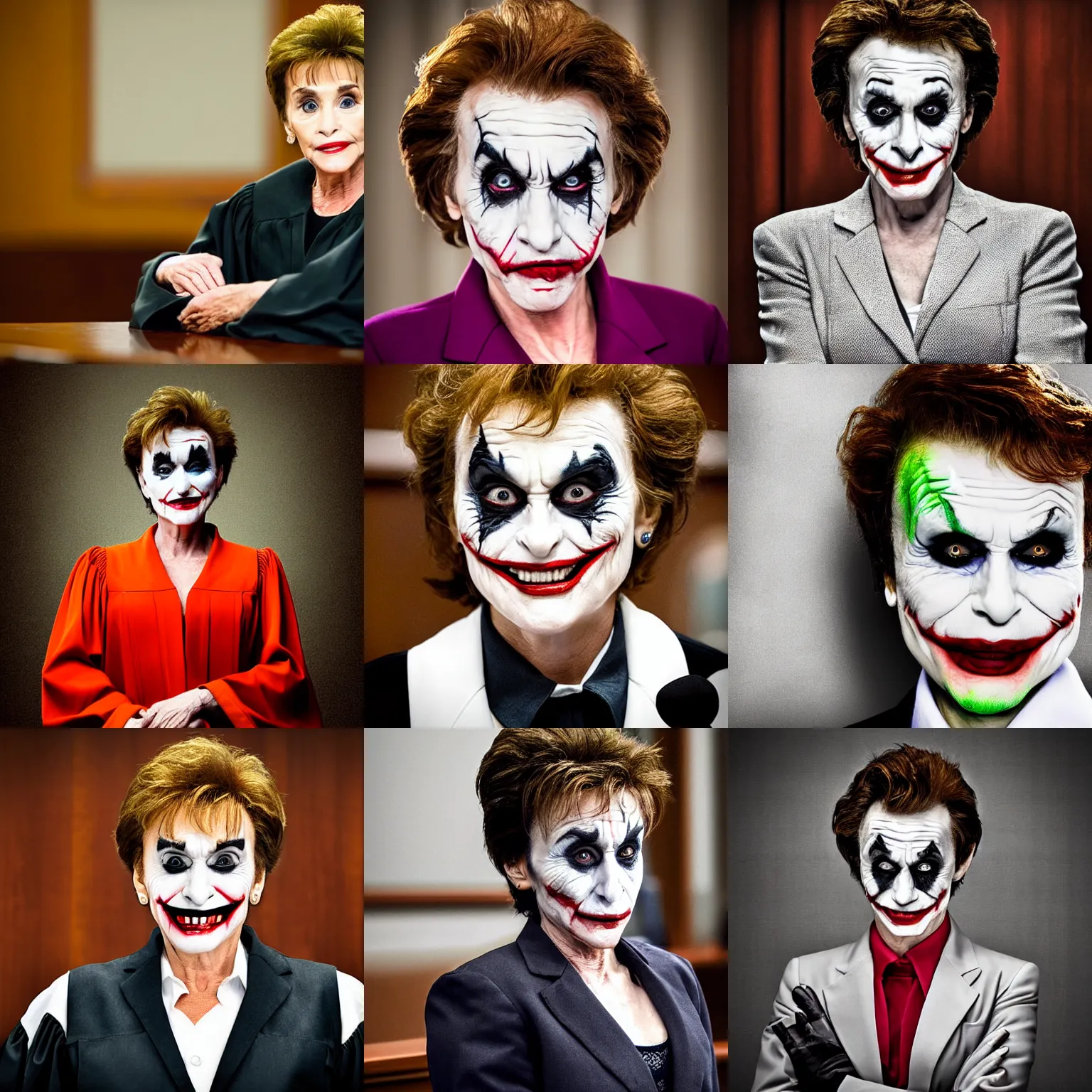 Prompt: portrait photograph, Judge Judy, as the joker, in a courtroom, depth of field, bokeh