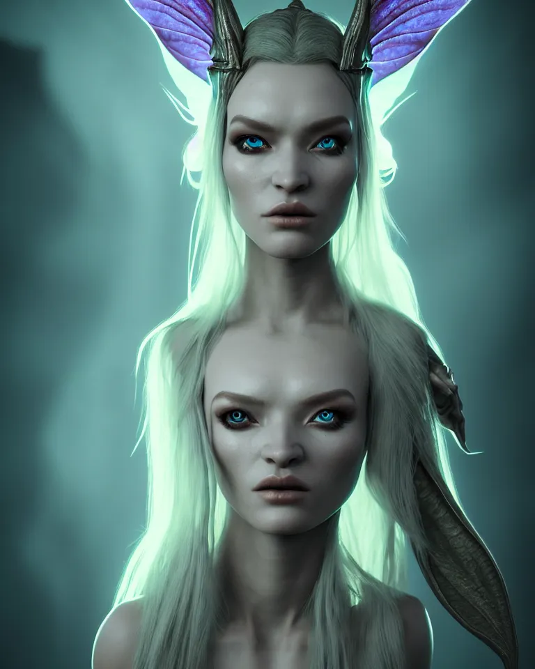 Image similar to epic portrait of female alien fairy elf in robes by cleavanger and elvgren epic awesome symmetrical octane vfx maya render realistic