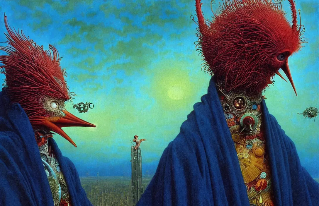 Image similar to realistic detailed portrait movie shot of a birdman wearing a dark robes, sci fi city landscape background by denis villeneuve, amano, yves tanguy, alphonse mucha, ernst haeckel, max ernst, roger dean, masterpiece, rich moody colours, dog teeth, blue eyes, sunset