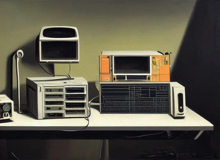 Prompt: still life painting of a retro electronics supercomputer workstation by pieter claesz, oil on canvas, blade runner vibes, syd mead concept art, minimalist, strong lighting, highly detailed, hyper realism, golden hour, god rays, hd, 4 k