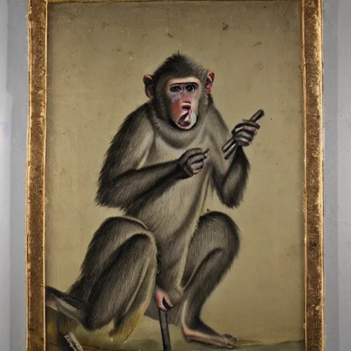 Prompt: 18th century portrait depicting a macaque aristocrat with a scepter