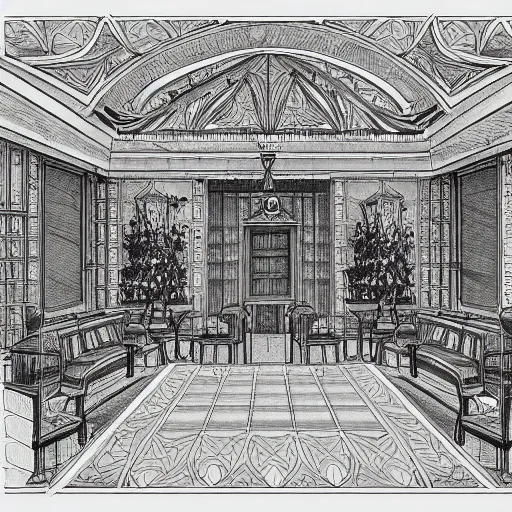 Image similar to annotated highly, detailed and intricate, sketch of a lodge room full of spring plants, marker concept art style rendering, concept art, half blueprint, trending on artstation, intricate details, center frame, annotations