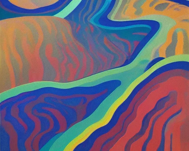 Image similar to A wild, insane, modernist landscape painting. Wild energy patterns rippling in all directions. Curves, organic, zig-zags. Saturated color. Mountains. Clouds. Rushing water. Wayne Thiebaud. Lisa Yuskavage landscape.