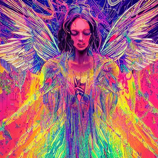 Prompt: psychedelic xray colorful lightning stunning angel art by dan mumford and cgsociety. | psychedelic landscape by carne griffiths artwork by xsullo greg rutkowski