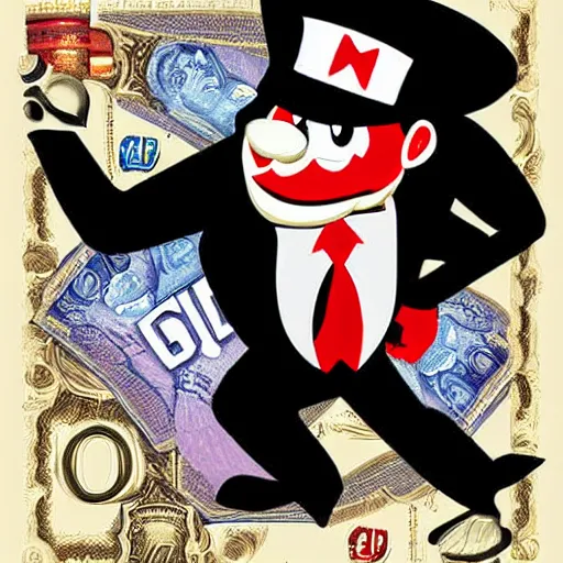 Prompt: digital art, highly detailed, evil monopoly man, money, cigar, oil, smoke, by blue sky studios.