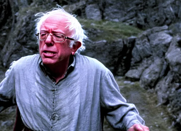 Prompt: film still of bernie sanders as frodo in lord of the rings movie, 8 k