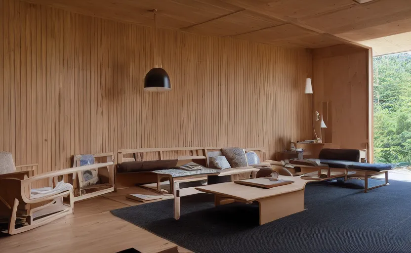 Prompt: luxurious wooden cottage by alvar aalto, modern japanese living room, japanese flower arrangements, coherent composition, architecturally accurate, architecture photography