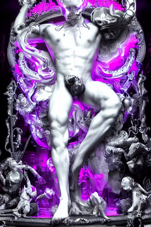 Image similar to full-body rococo and cyberpunk style neon statue of a muscular attractive Camilo wearing cholo shades macho dotado e rico android sim roupa reclining con las piernas abertas e la piroca dura, ethereal white dripping tar, glowing white lasers, pink tigers, glowing eyes, silver prince crown, black gears, pink diamonds, swirling mint-colored silk fabric. futuristic elements. full-length view. human skulls. large intricate artwork by caravaggio. Trending on artstation, octane render, cinematic lighting from the right, hyper realism, octane render, 8k, depth of field, 3D