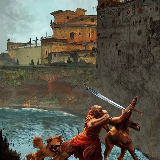 Image similar to Romulus killing Remus with a dagger at the edge of the Tiber River by Marc Simonetti