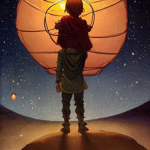 Prompt: a boy holding a lantern and looking at the stars through a dimensional window, by greg rutkowski and frank frazetta and peter mohrbacher and william blake and dan mumford