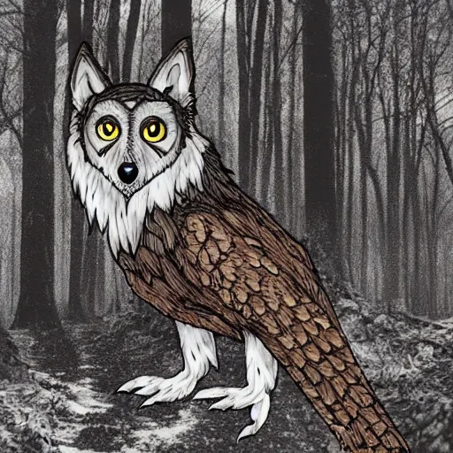 Image similar to mixture between an! owl and wolf, captured in a forest