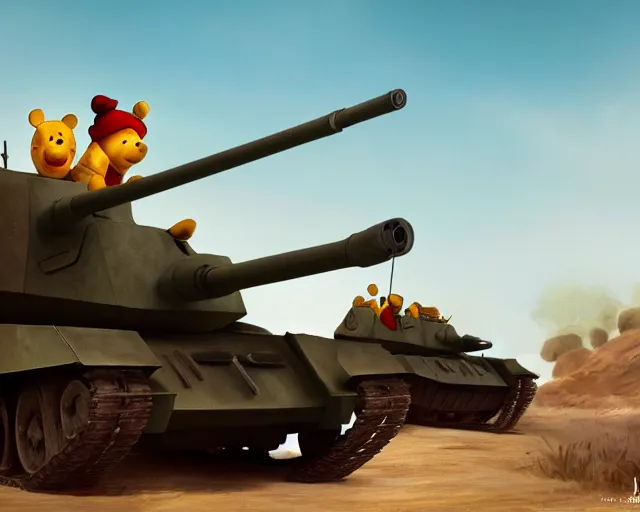 Prompt: defiant winnie the pooh sitting down on road blocking chinese tanks, soldiers approaching, award winning photography, extremely detailed, artstation, 8 k, dramatic lighting