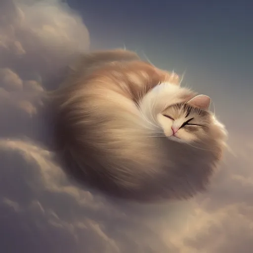 Image similar to cat sleeping on a cloud with angel wings, hyperdetailed, artstation, cgsociety, 8k
