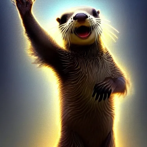 Prompt: selfie of a cute anthropomorphized otter raising its arms, fluffy fur, flames in background, stunning 3 d render inspired art by greg rutkowski and xiang duan and thomas eakes, realistic, highly detailed attributes and atmosphere, dim volumetric cinematic lighting, 8 k octane detailed render, post - processing, masterpiece, vignette, soft focus, vibrant colors