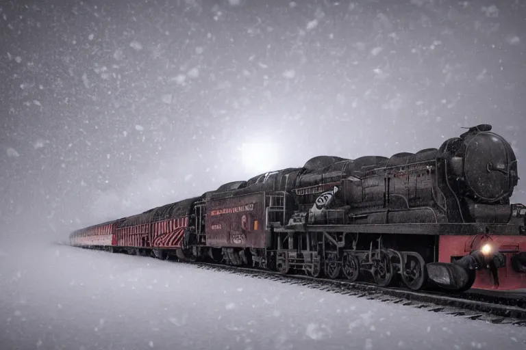 Image similar to an old locomotive rushing through snow storm in high speed, white steam on the side, dark smoke with fire from the pipes, dynamic angled shot, speed lines, fire particles and snowflakes everywhere, 8 k, hyperrealistic, ultra sharp, octane render, unreal engine, light breaks through the roofs, artstation, very detailed, 1 6 k, eerie moon eclipse cinematic scenery