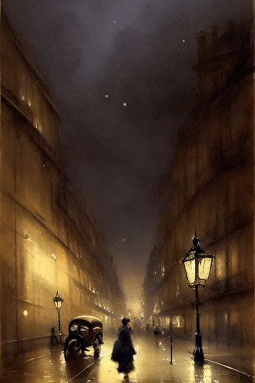 Image similar to (((((1950s london street at night with dramatic lighting. muted colors.))))) by Jean-Baptiste Monge !!!!!!!!!!!!!!!!!!!!!!!!!!!