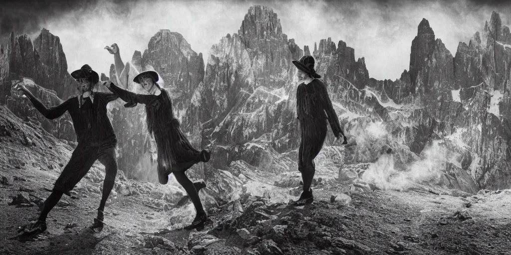 Prompt: 1920s photography Tschäggättä dancing, dolomites in the background, occult signs, witch burning, pyre, solstice fire, alp, dolomites, alpine, detailed intricate insanely detailed octane render, 8k artistic 1920s photography, photorealistic, black and white, chiaroscuro, hd, by David Cronenberg, Raphael, Caravaggio