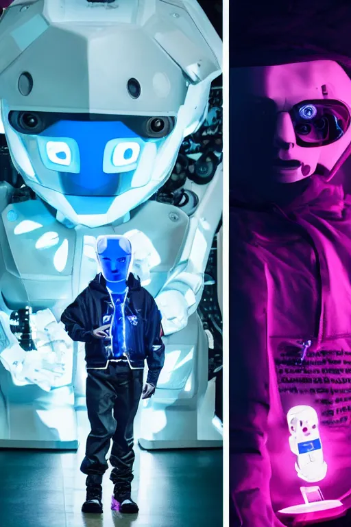 Image similar to a cyberpunk humanoid robot with a blue led face wearing a bomber jacket and air jordans