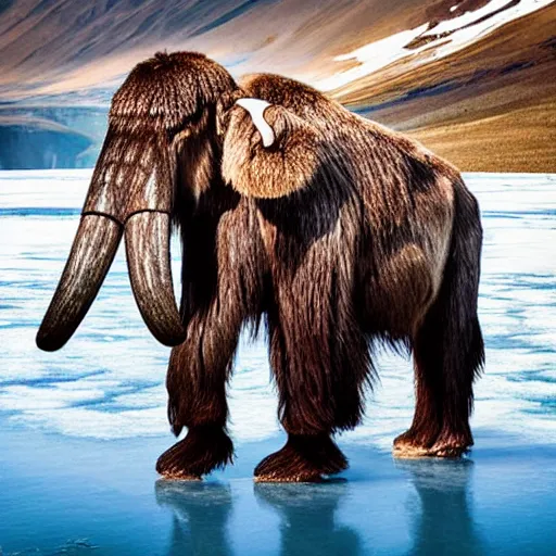 Image similar to photograph of a wooly mammoth, glacier in the background, award winning nature photography, national geographic