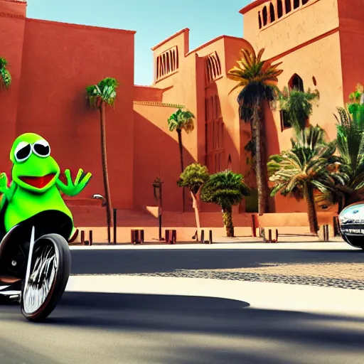 Prompt: illustration of kermit the frog driving in marrakech, morocco, palm trees, 8 k, octane render, hyperdetailed, illustration, oil painting