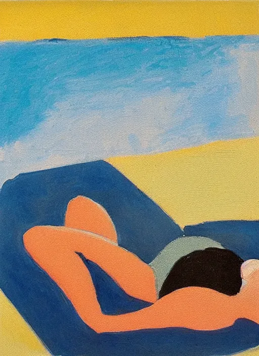 Prompt: a girl, in retro swimsuit, lying by the pool, 7 0 - s, minimalist oil painting by etel adnan flat colors, beautiful lightning, sharp